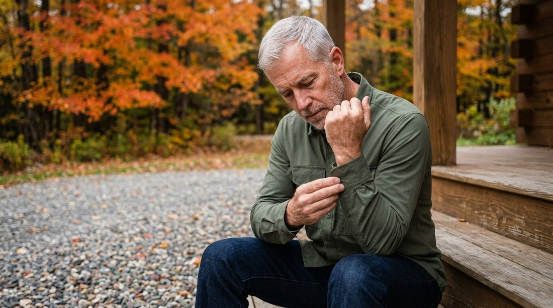 Man on a Vermont cabin porch inspecting the cuff of his army green stretch work shirt for fabric pilling