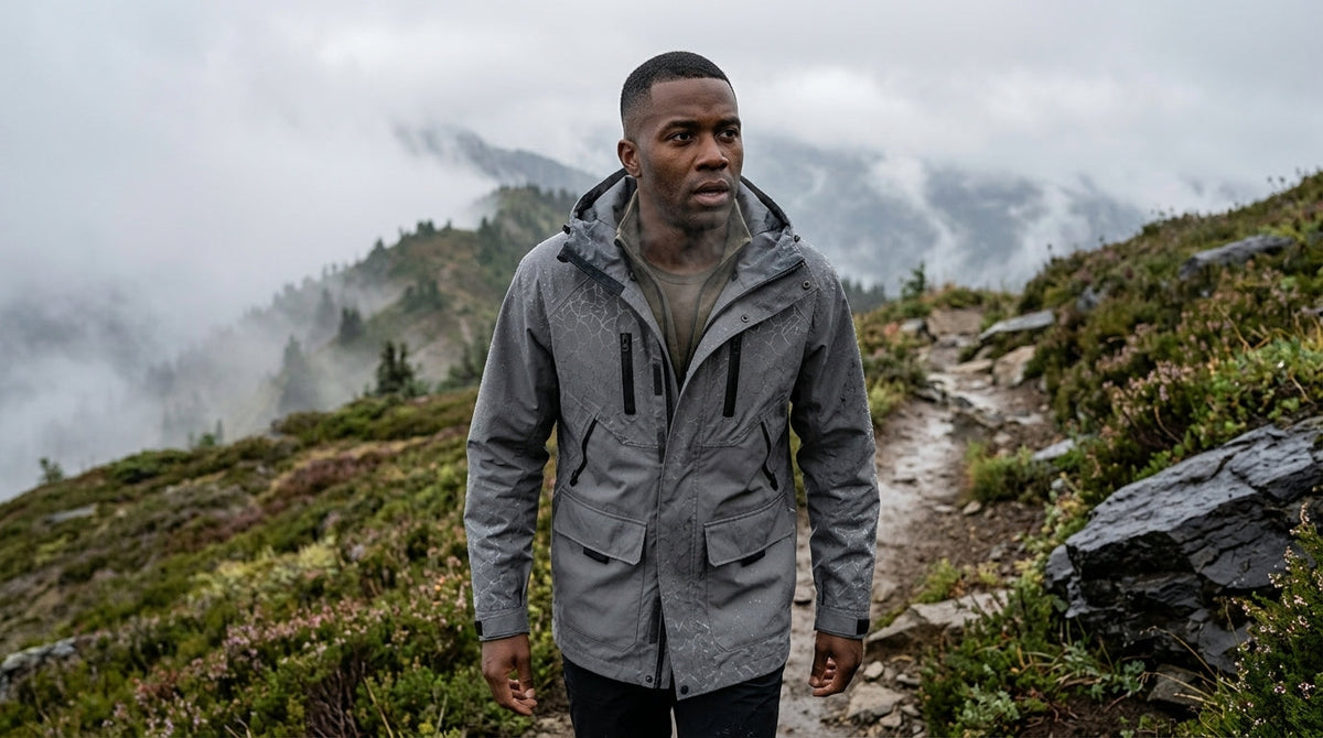 Hiker climbing a wet Cascades trail with the front zipper of his grey waterproof shell open to vent heat