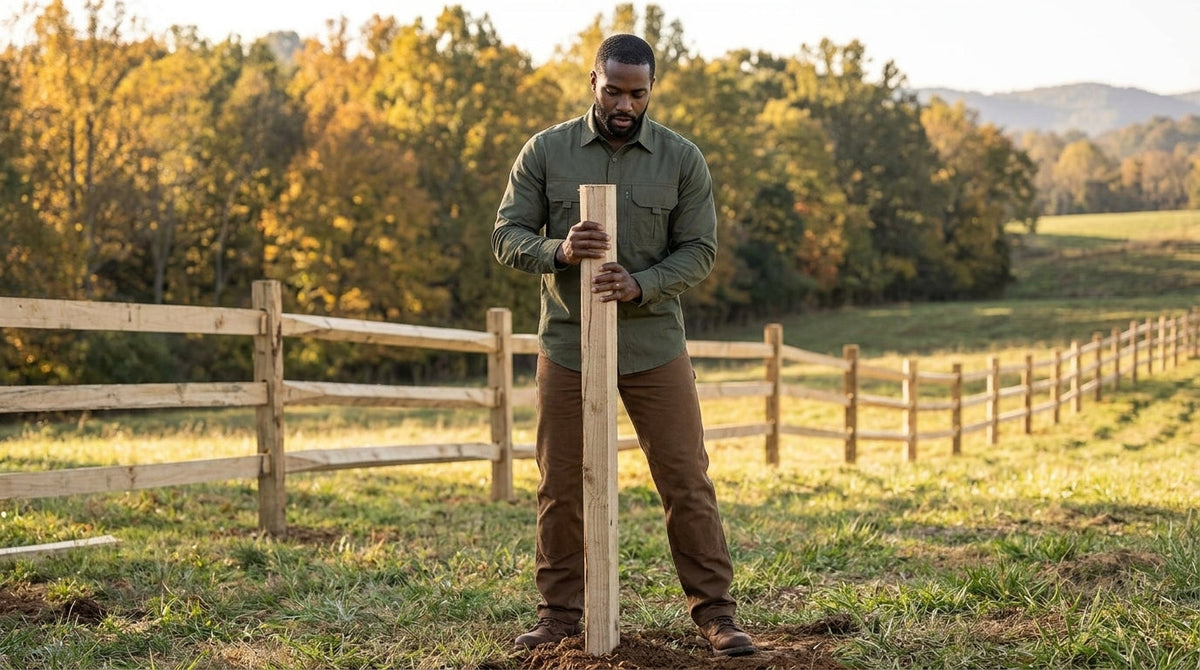Man in an army green polyester utility work shirt setting a wooden fence post on a Kentucky farm in fall