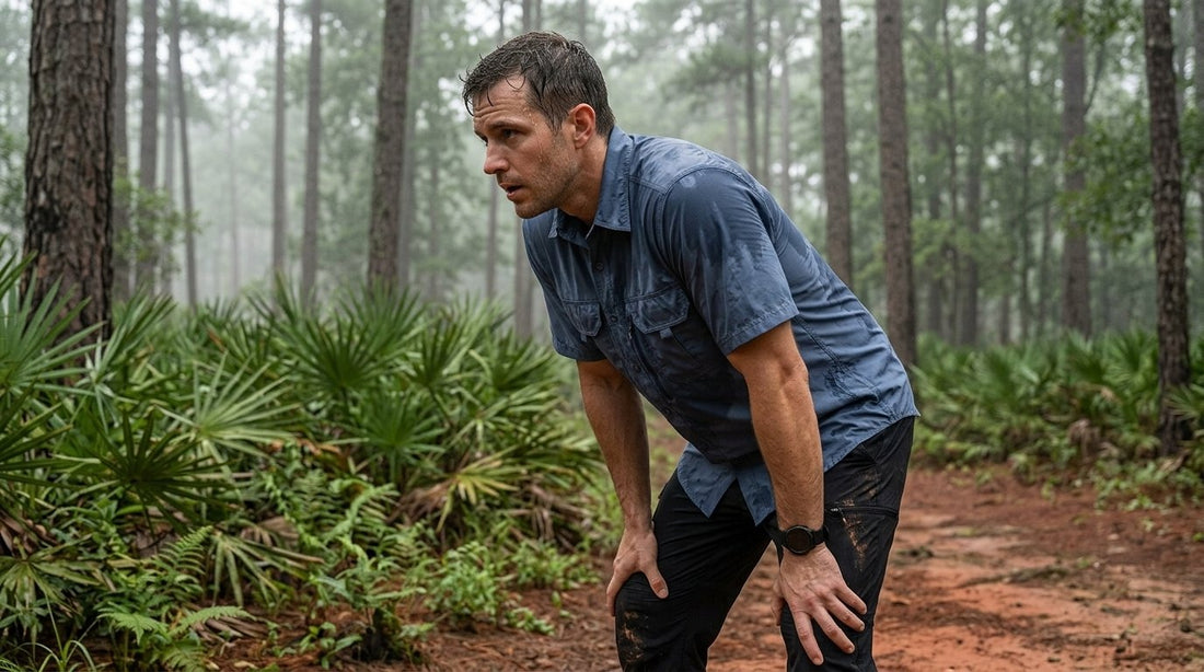 Hiker in a sweat-soaked quick-dry shirt resting on a humid Georgia pine trail in summer