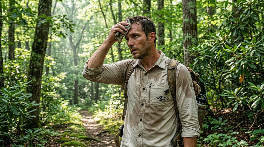 Sweaty hiker in a quick-dry shirt wiping his brow on a humid forest trail, illustrating why synthetic shirts smell