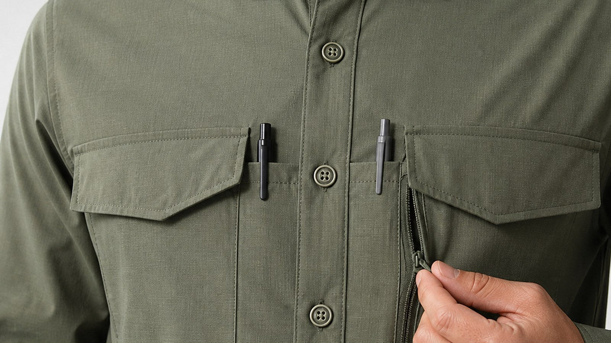 Close-up of a men's quick-dry nylon-stretch work shirt with chest pockets and zip pocket