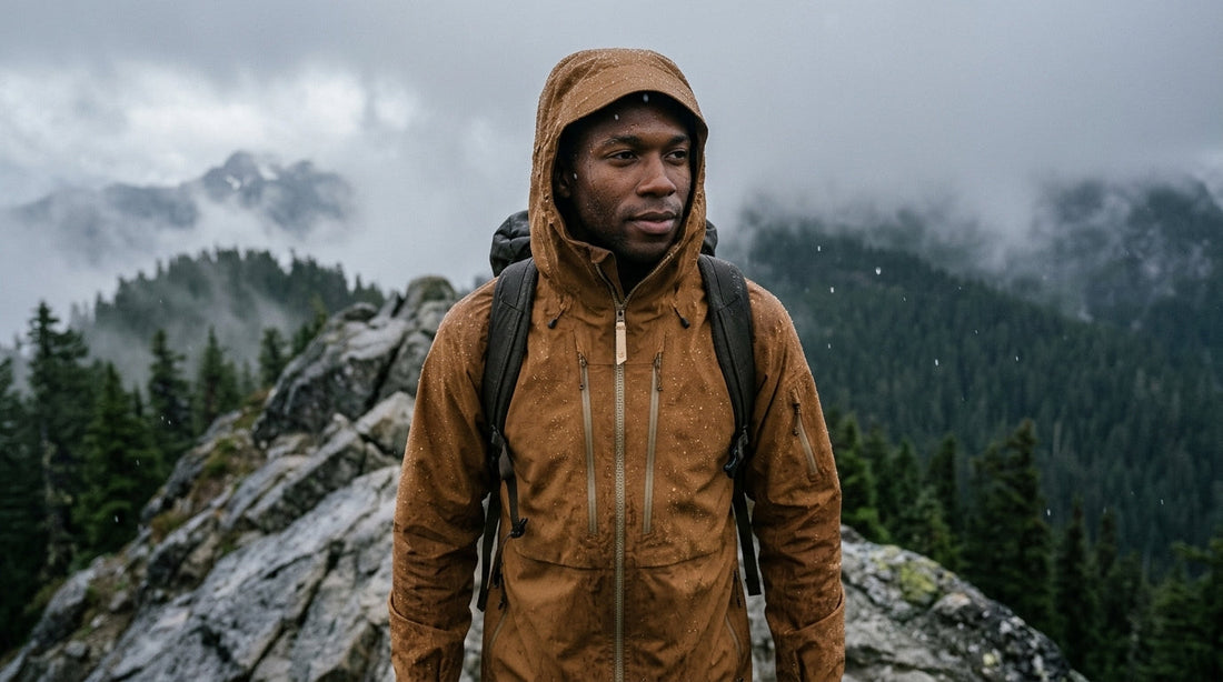 Hiker in a waterproof taped-seam rain jacket with the hood up on a rainy Cascades ridgeline