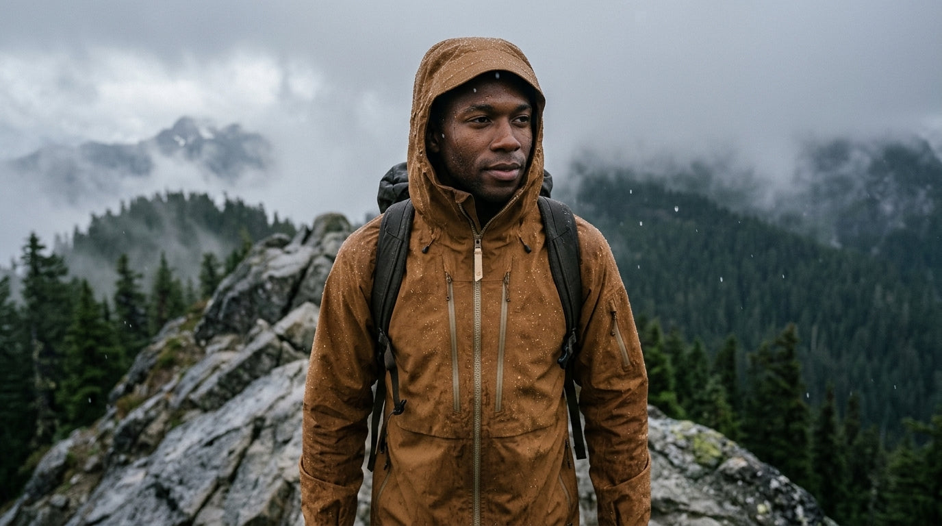 Hiker in a waterproof taped-seam rain jacket with the hood up on a rainy Cascades ridgeline