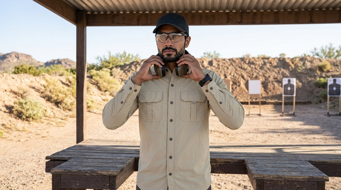 Shooter in a buttoned long-sleeve quick-dry shirt and cap at an outdoor range bay