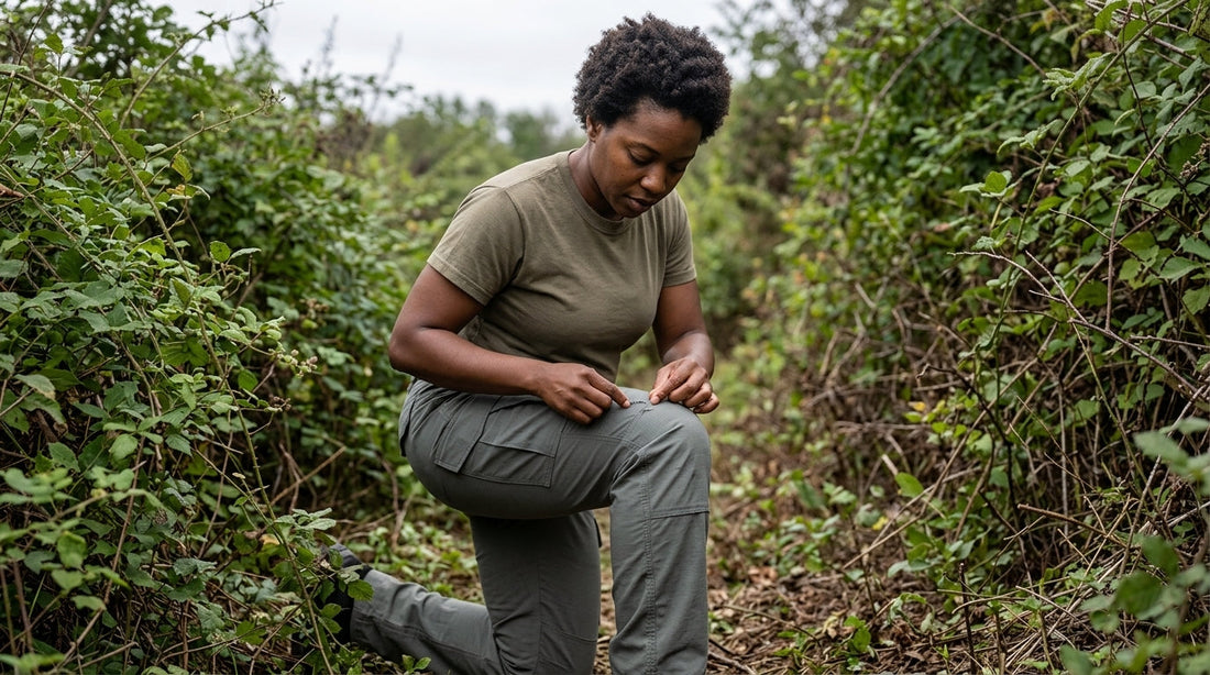 Hiker inspecting a small snag in her tactical ripstop cargo pants on a brushy Appalachian trail