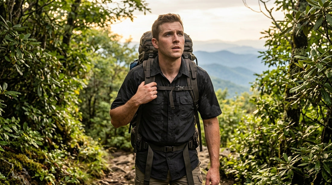 Hiker in a sweat-damp quick-dry shirt adjusting a backpack shoulder strap on a humid Appalachian ridge trail
