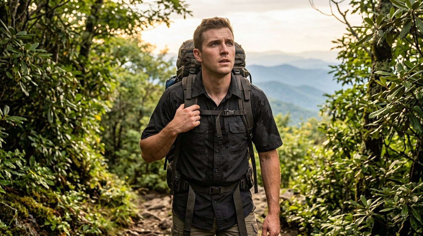 Hiker in a sweat-damp quick-dry shirt adjusting a backpack shoulder strap on a humid Appalachian ridge trail