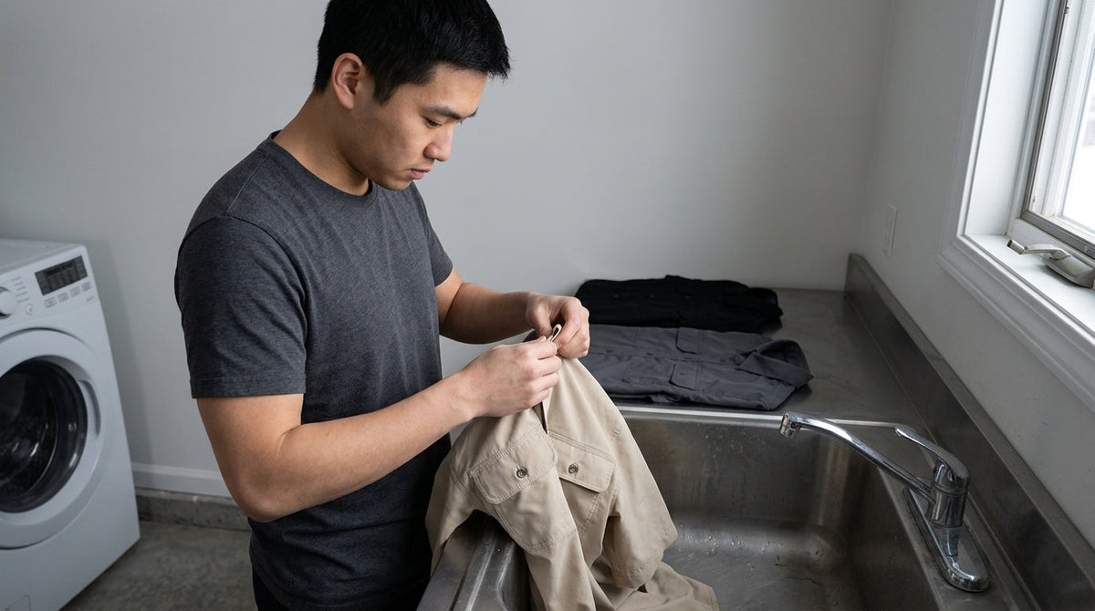 Turning a beige technical shirt inside out over a utility sink before washing, to strip the body oils that cause polyester odor