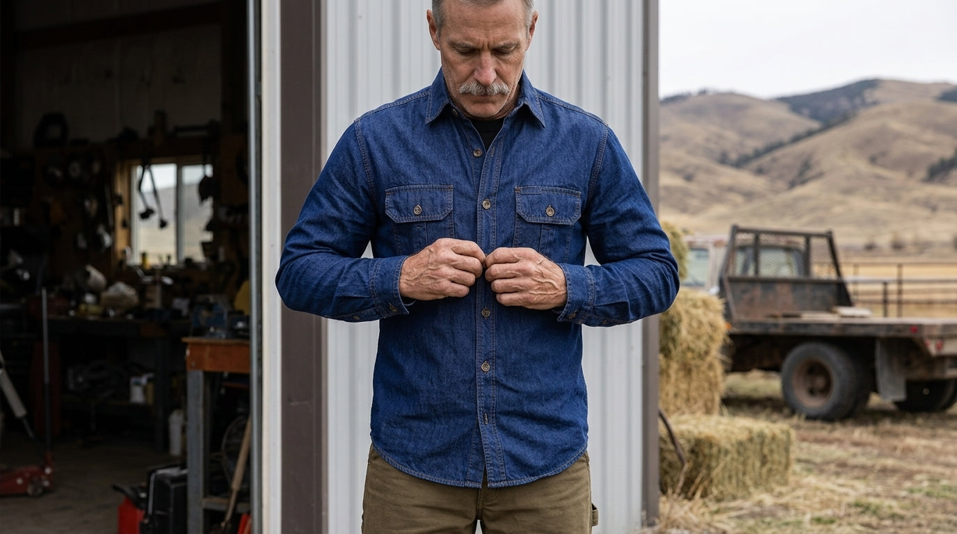 Ranch worker fastening the button-front placket of a long-sleeve denim work shirt