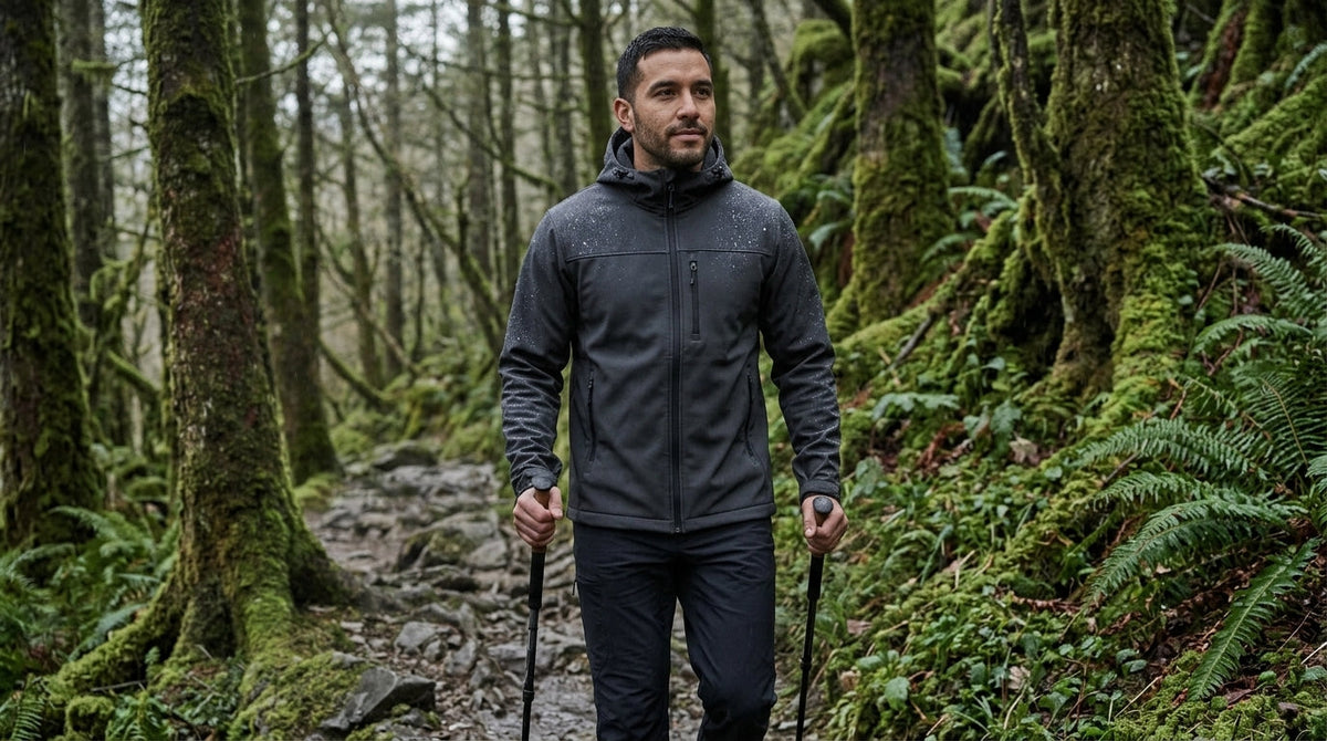 Hiker in a charcoal hooded softshell jacket with rain beading on the shoulders on a wet forest trail