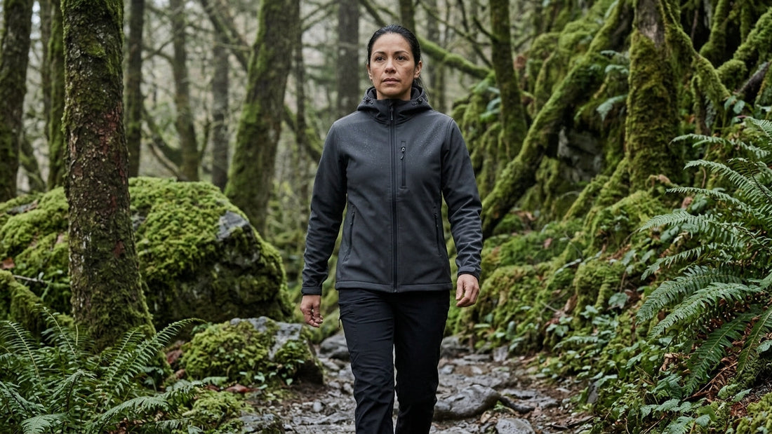 Hiker in a dark gray technical softshell jacket on a misty Oregon Cascades trail, mist beading on the shoulders