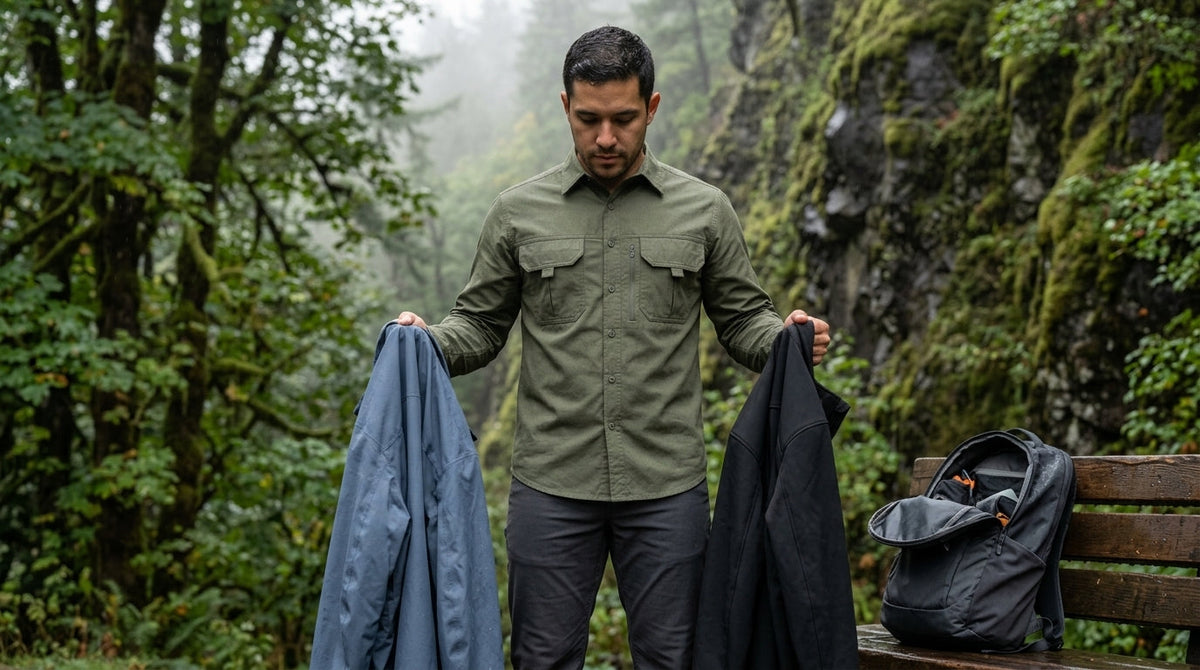 Hiker choosing between a softshell and a rain shell at a misty Columbia River Gorge trailhead
