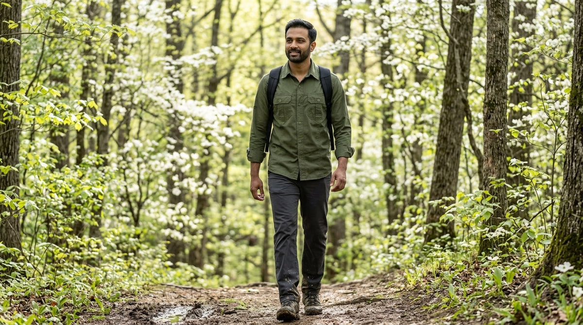 Man in an army green cotton button-down shirt hiking a muddy Blue Ridge trail among spring dogwoods