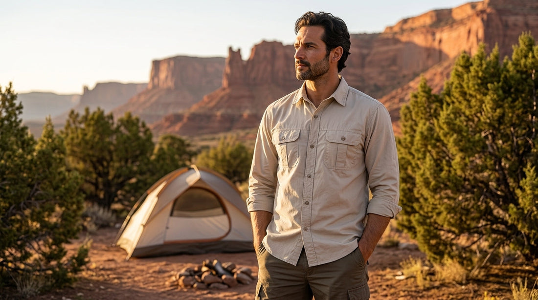 Camper in a long-sleeve cotton field shirt at a Utah high desert campsite at golden hour