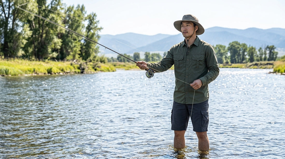 Angler wading a Montana trout river in a long-sleeve sun-protective quick-dry fishing shirt under midday summer sun