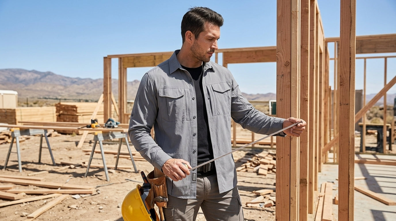 Construction worker in a gray quick-dry breathable work shirt measuring timber framing on a summer job site