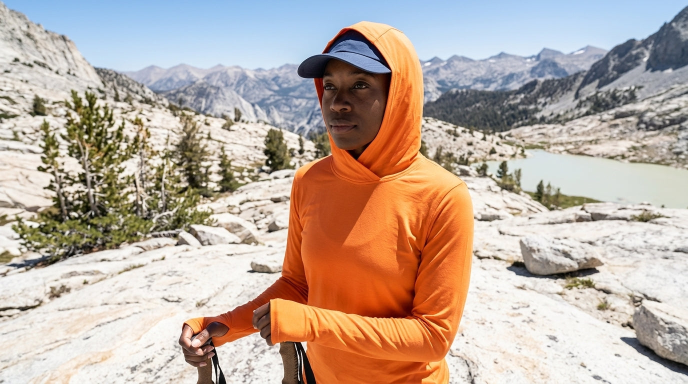 Hiker wearing a UPF sun hoodie with the hood up over a cap on an exposed granite ridge above treeline in high summer sun
