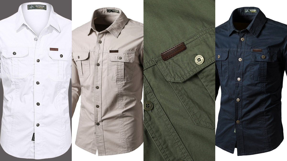 Men's outdoor shirts in white, beige, olive green and navy compared for how well each color hides sweat