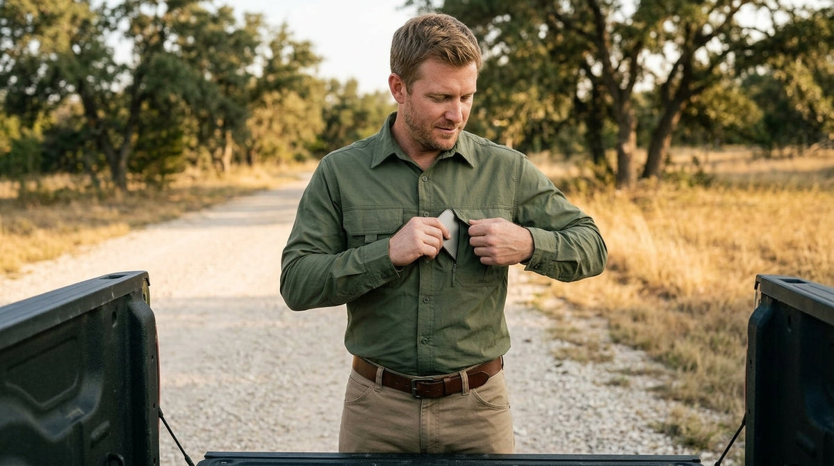 Man in an army-green utility work shirt sliding a phone into the zip chest pocket at a pickup tailgate in Texas Hill Country
