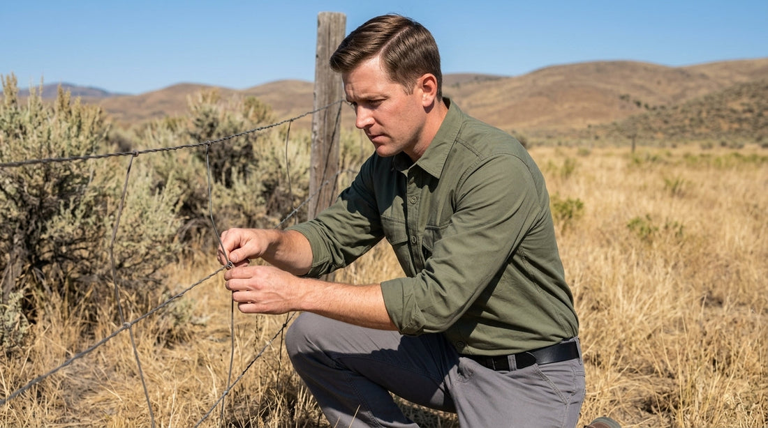 Man in an olive long-sleeve work shirt kneeling to check a fence line with sleeves rolled