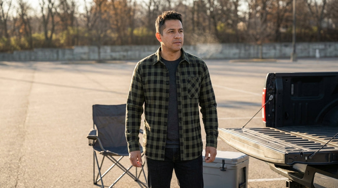 Man in an olive plaid flannel shirt at a pickup tailgate in a cold November stadium parking lot