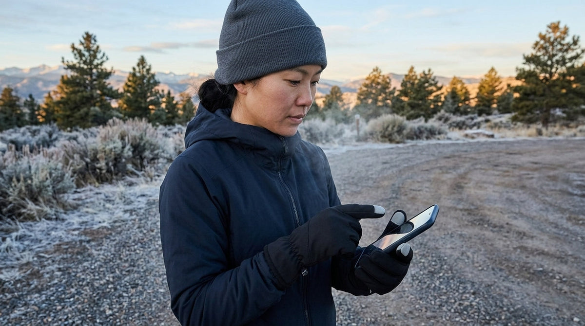 Hiker in softshell touchscreen gloves tapping a phone screen at a frosty Colorado trailhead at dawn