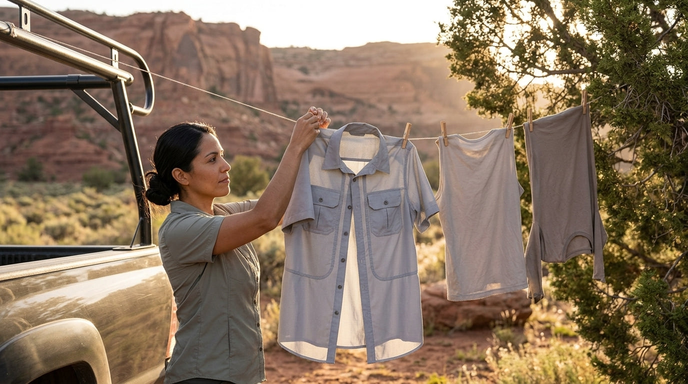 Sun-protective technical shirt hanging to dry on a clothesline at a Utah desert campsite