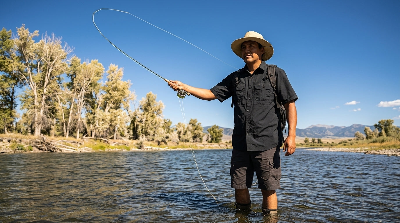 Angler in a UPF 50+ quick-dry sun protection shirt fly fishing a Montana river in bright summer sun