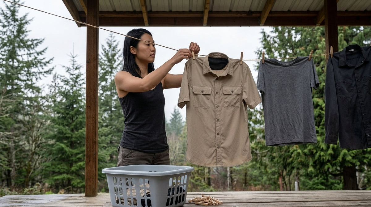 Beige quick-dry technical shirt air drying on a clothesline on a covered back porch