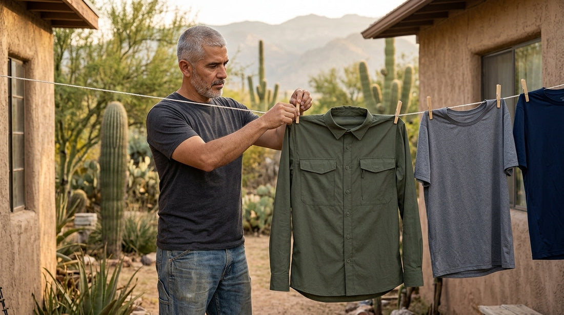 Man hanging an olive quick-dry work shirt on a clothesline to air-dry in an Arizona desert backyard