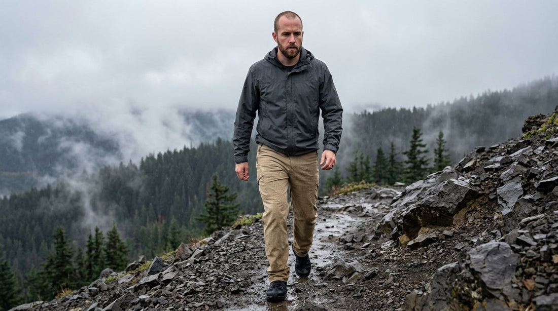 Hiker in khaki DWR technical hiking pants on a wet Cascades ridge trail in light rain, water beading on the pant legs
