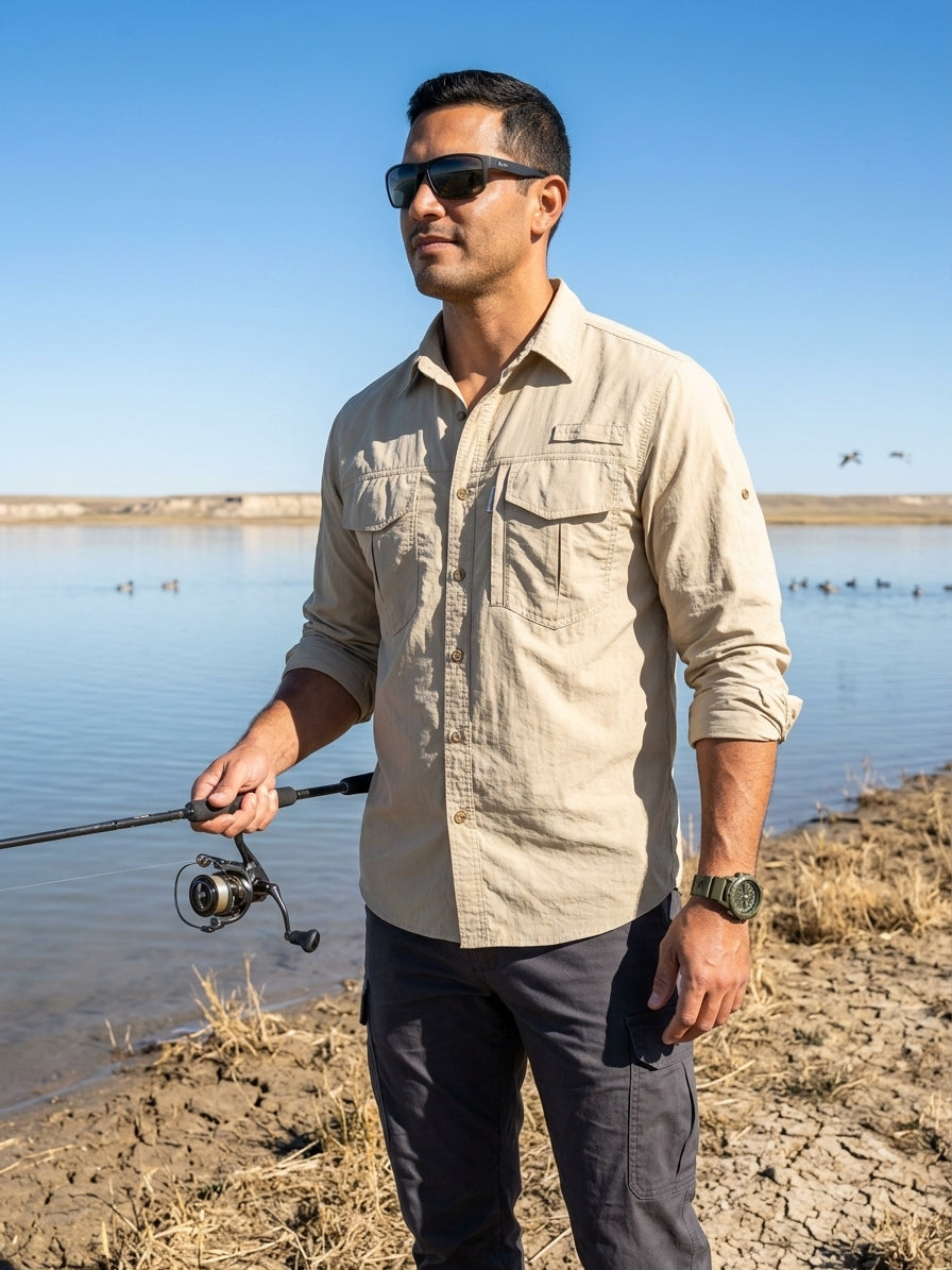 Man fishing in bright sun wearing a light khaki quick-dry shirt that reflects heat and hides sweat