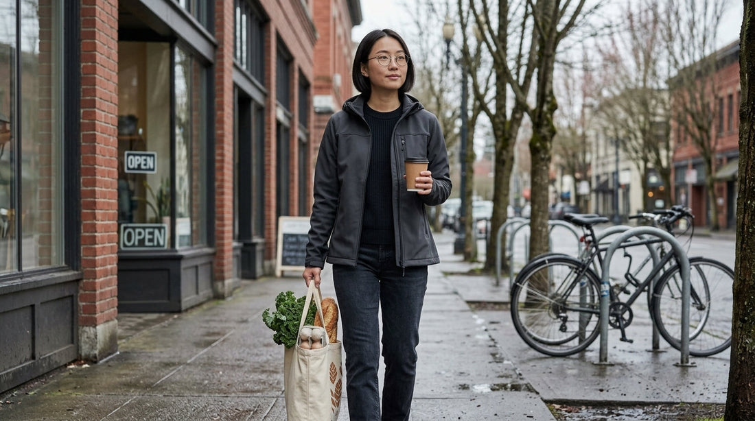 Woman wearing a technical softshell hiking jacket as everyday city wear on a wet urban sidewalk