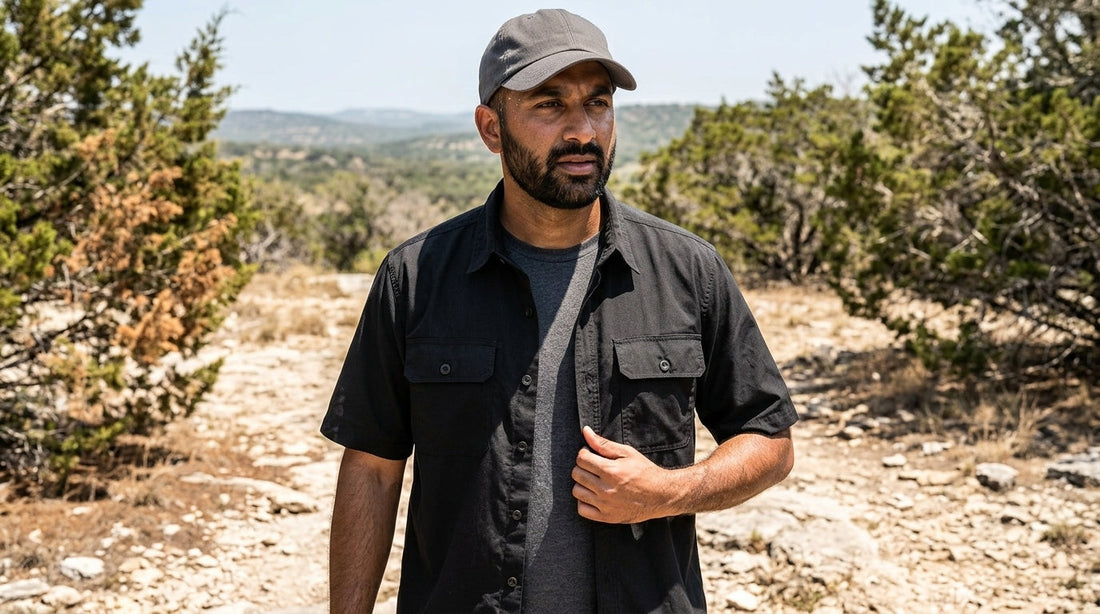 Hiker holding open a vented short-sleeve quick-dry shirt in 90F Texas Hill Country heat