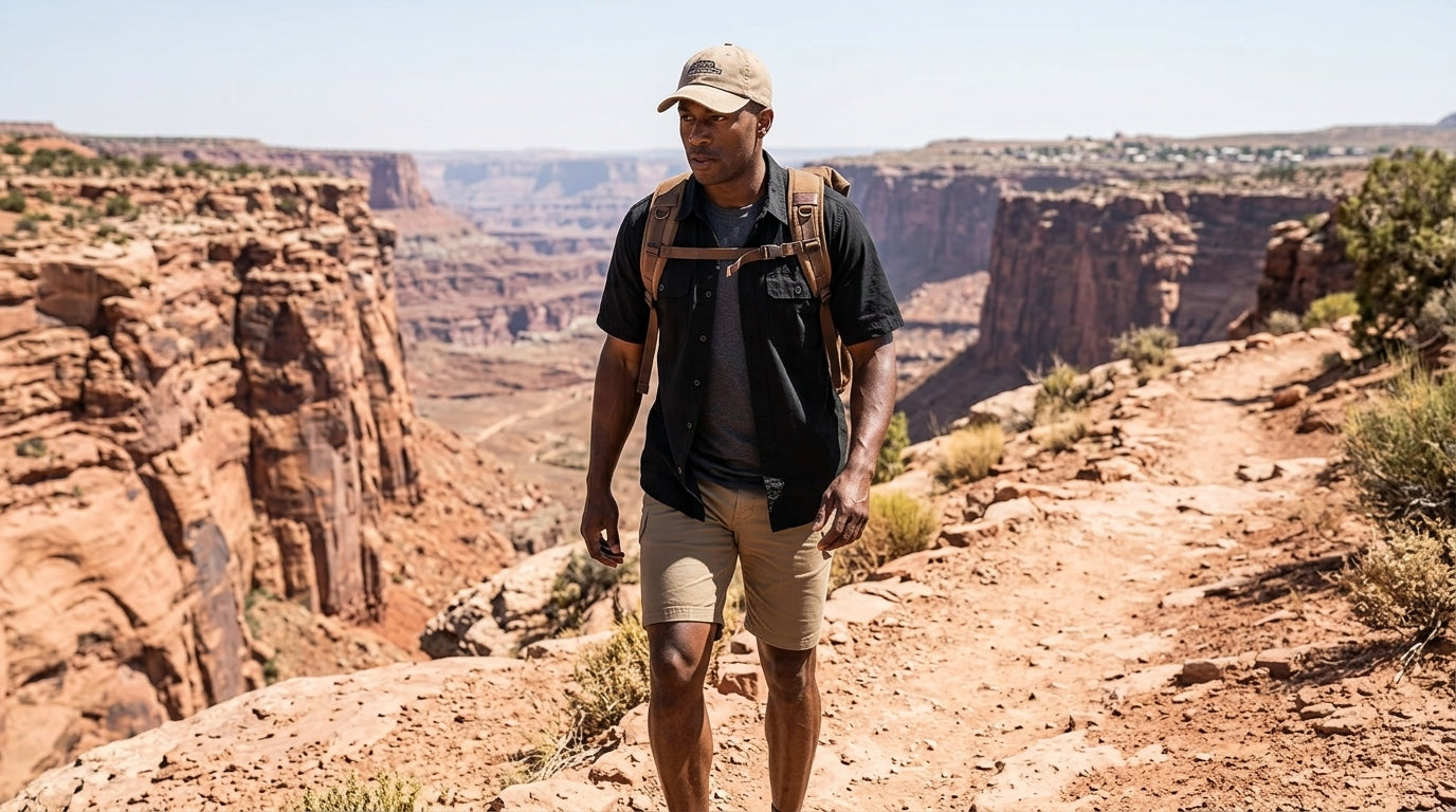 Man hiking a red-rock desert canyon trail in 90F heat wearing a quick-dry short-sleeve hiking shirt and shorts