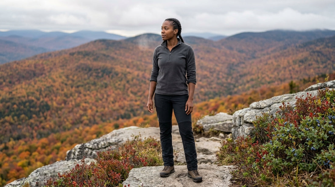 Woman hiking in a quarter-zip fleece and stretch hiking pants on a Vermont ridge in fall