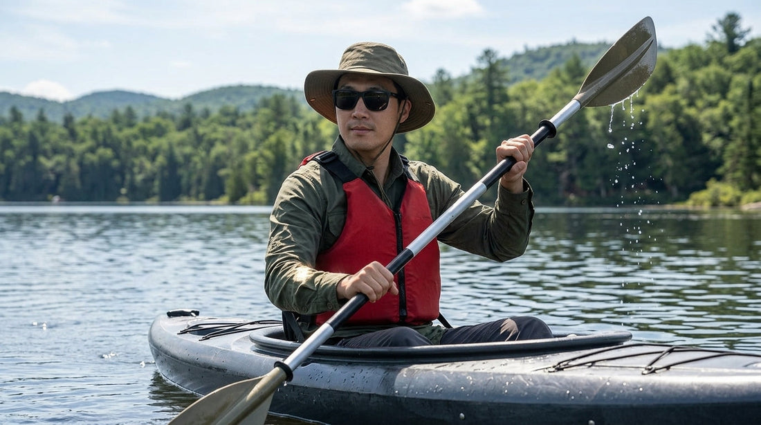 Paddler in a long-sleeve sun-protective shirt and life vest kayaking on a sunny Adirondack lake