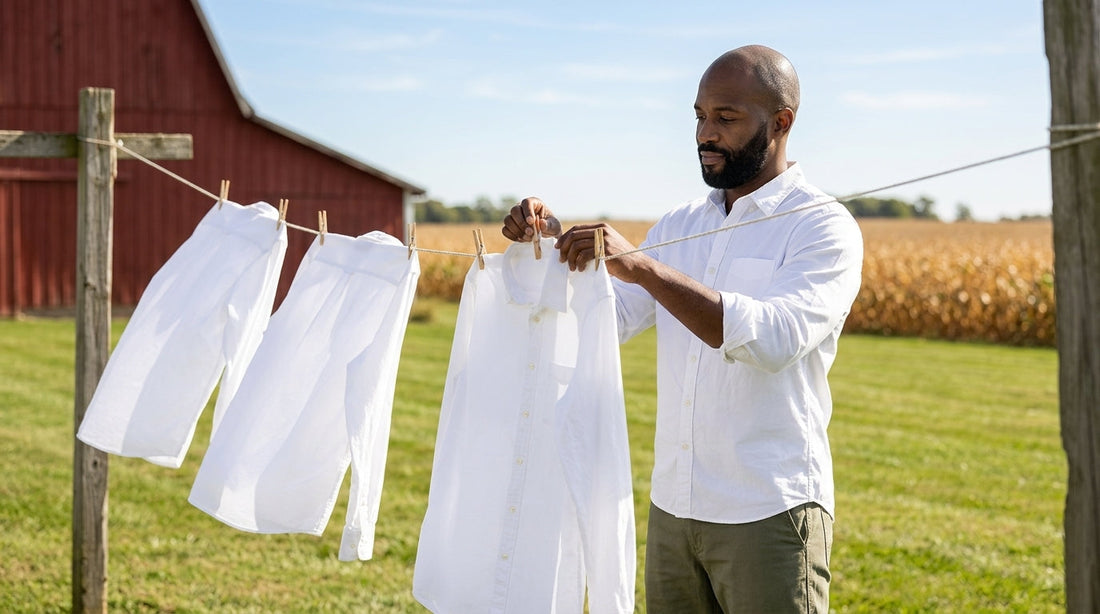 Man hanging white cotton work shirts on a backyard clothesline in Iowa sunlight to keep them bright white