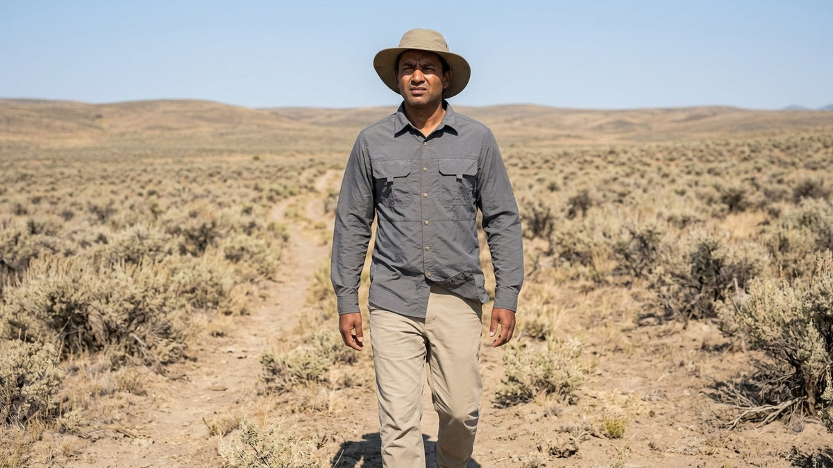 Hiker in a loose gray long-sleeve quick-dry shirt and wide-brim hat crossing a shadeless high-desert sage flat in midday summer sun