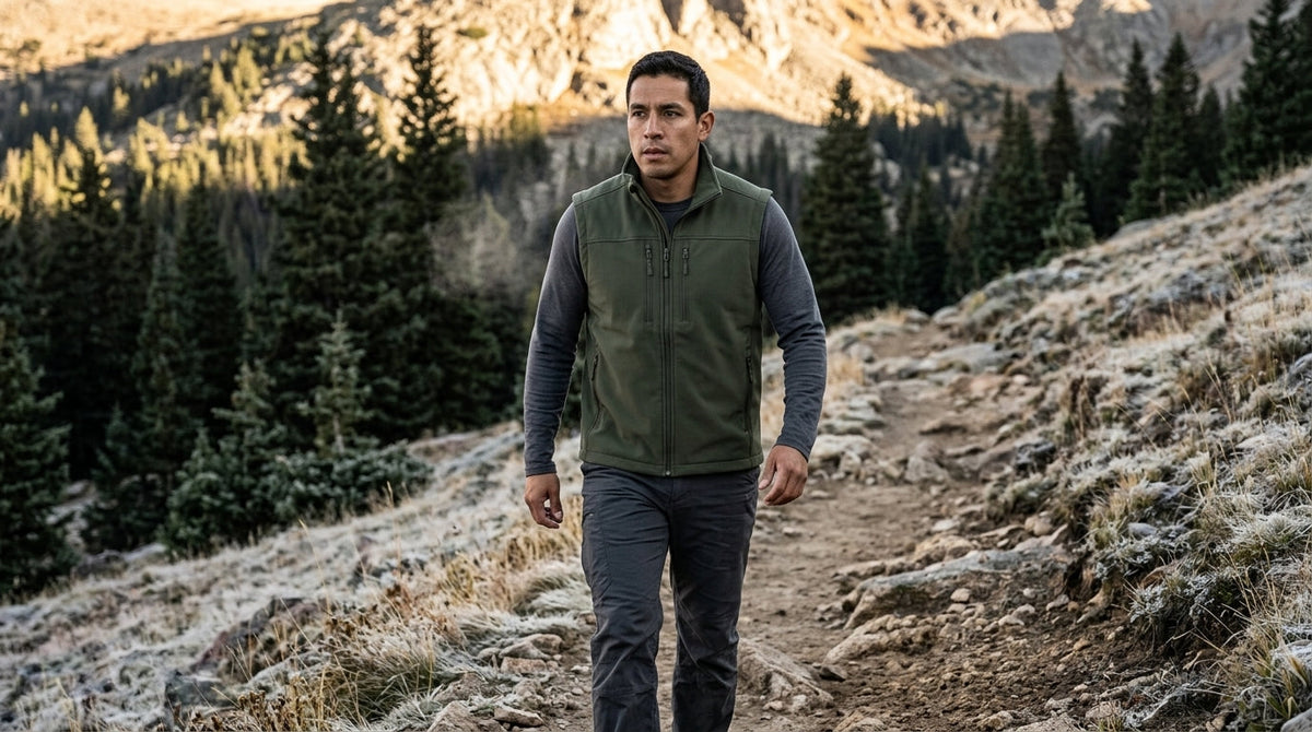 Man hiking a frosty Colorado trail in an olive fleece vest over a long-sleeve base layer on a cold October morning