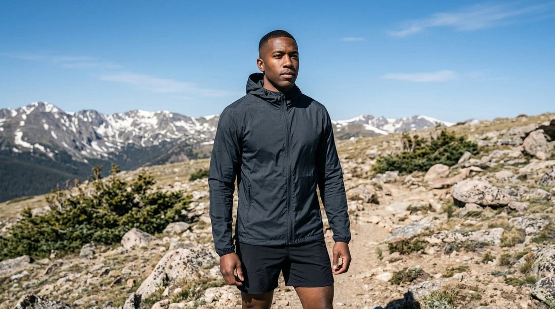 Hiker in an ultralight windbreaker on a windy alpine ridgeline in the Colorado Rockies