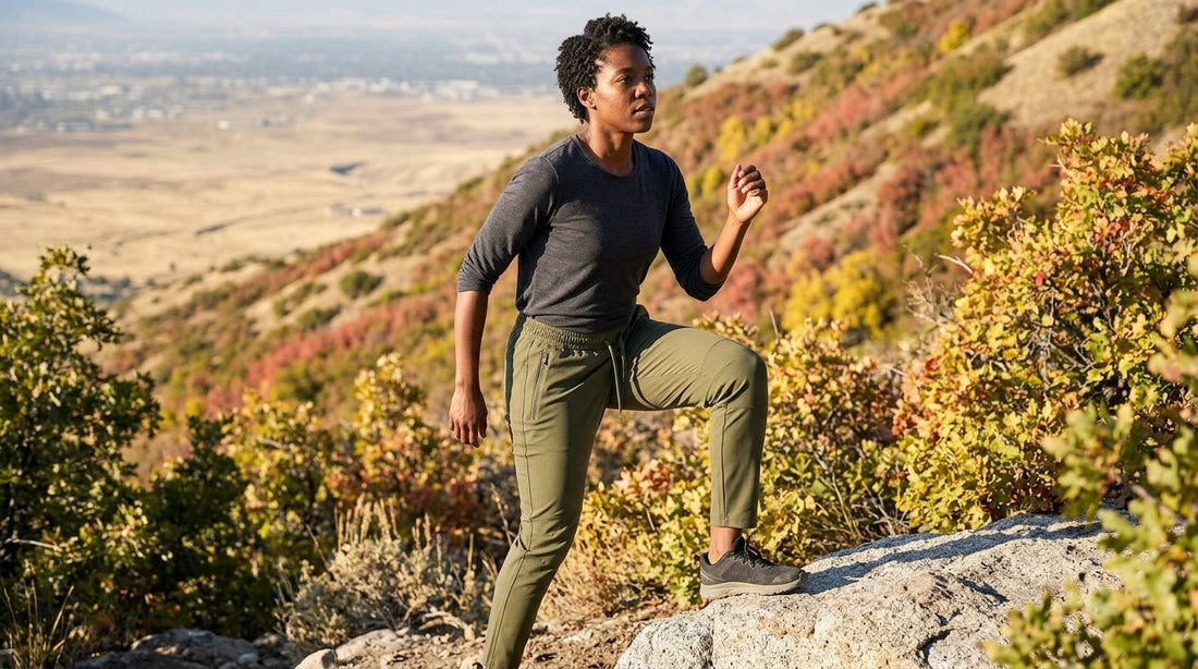 Hiker in olive tapered quick-dry hiking joggers stepping onto a granite ledge on a Wasatch Range foothill trail in autumn