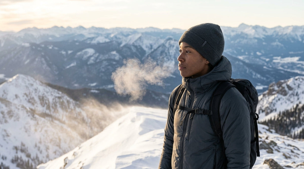 Hiker in a charcoal merino wool beanie on a snowy ridge at sunrise in Rocky Mountain National Park