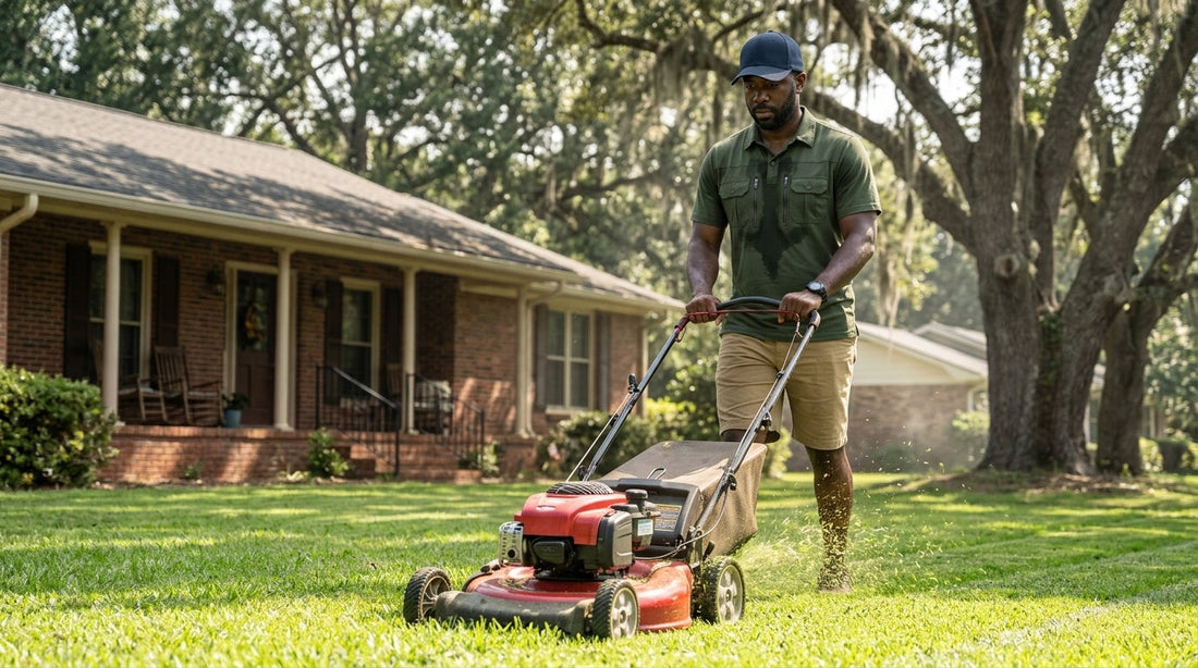 Man in a quick-dry short-sleeve polo mowing a suburban lawn in Georgia summer heat
