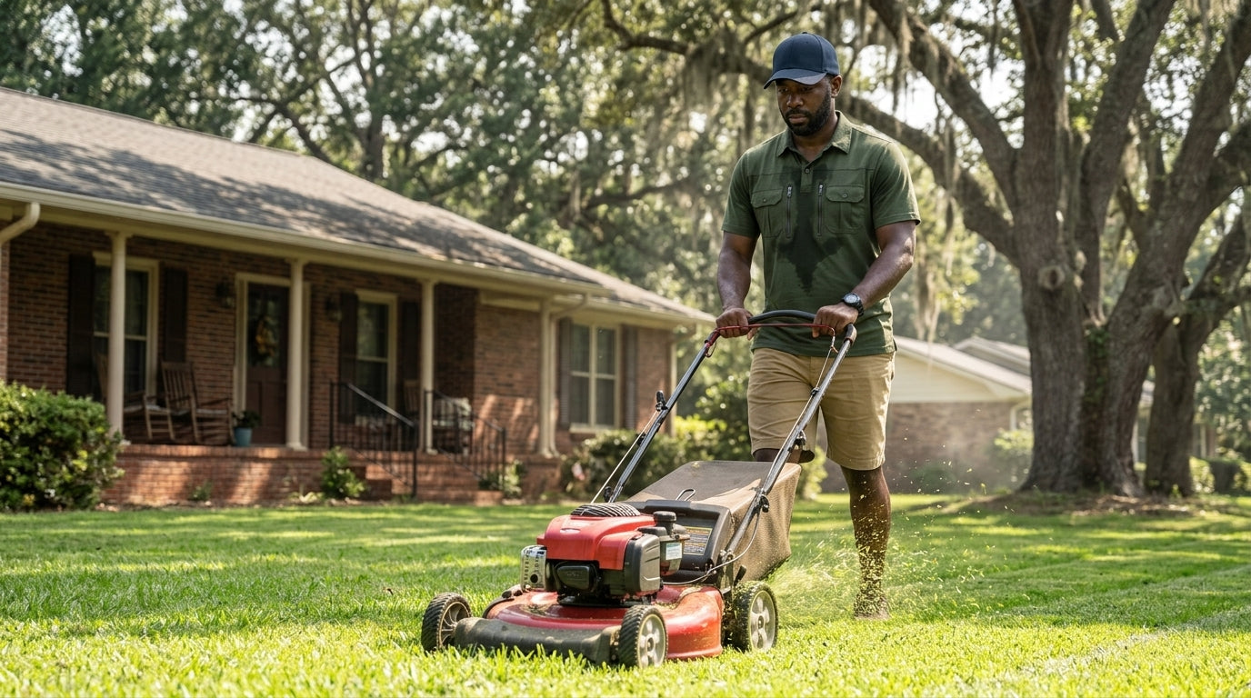 Man in a quick-dry short-sleeve polo mowing a suburban lawn in Georgia summer heat