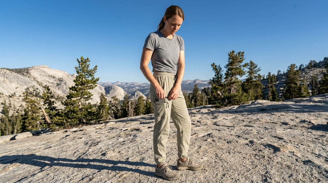 Hiker zipping a phone into the thigh zip pocket of lightweight quick-dry hiking cargo pants on a granite ridge in the Sierra Nevada