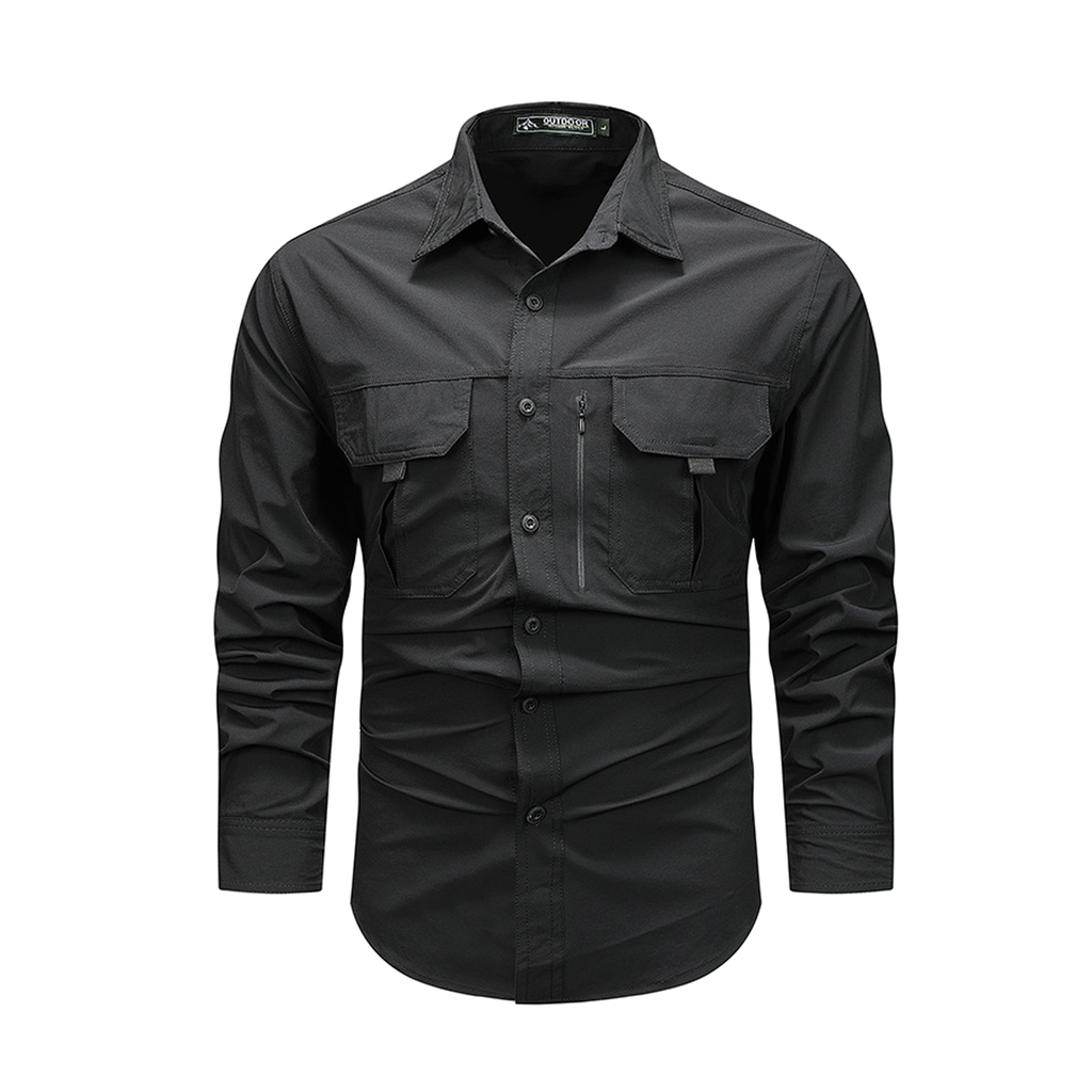 FREDD MARSHALL Men's Long Sleeve Utility Work Shirt with Zip Pocket - Black - 01 main white