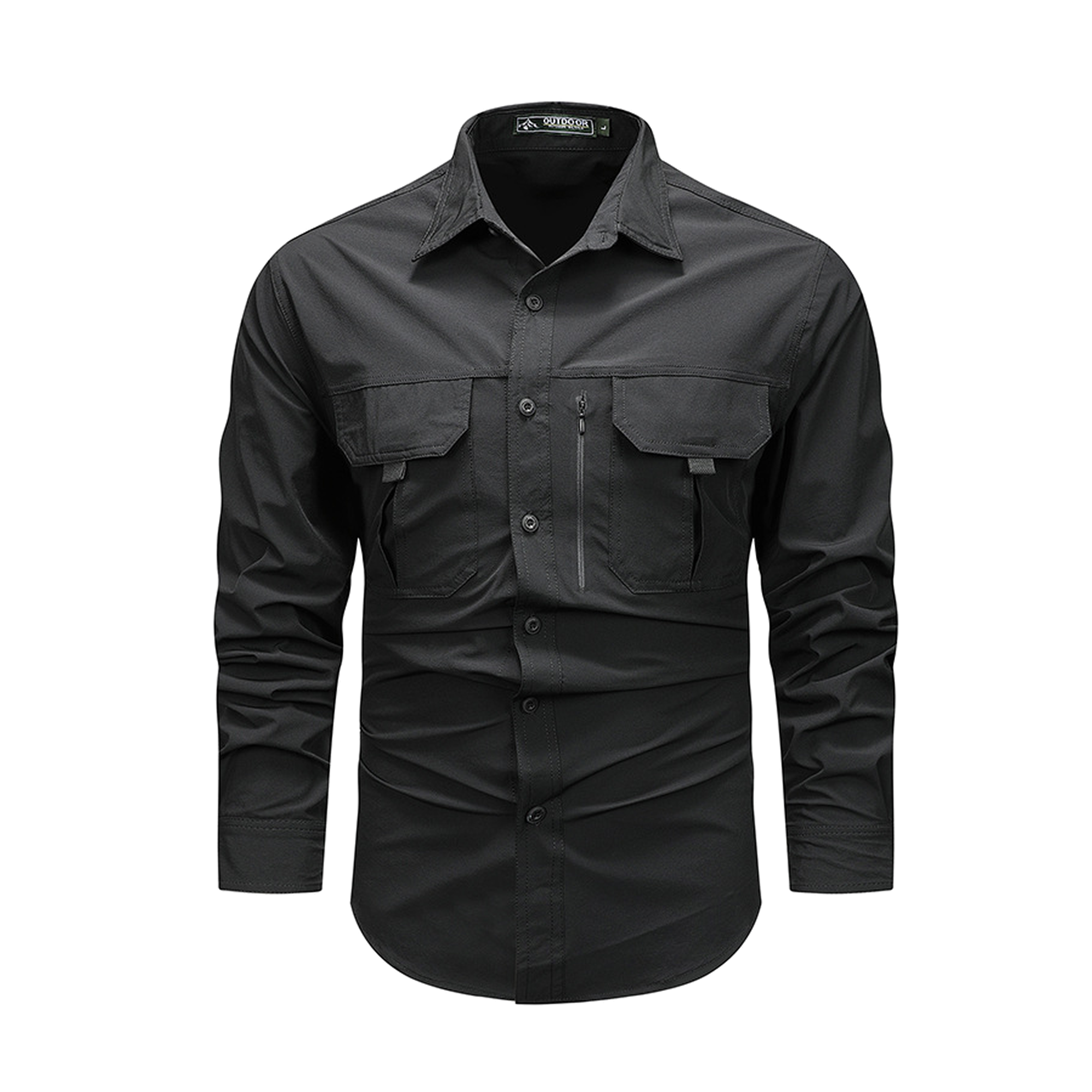 FREDD MARSHALL Men's Long Sleeve Utility Work Shirt with Zip Pocket - Black - 01 main white