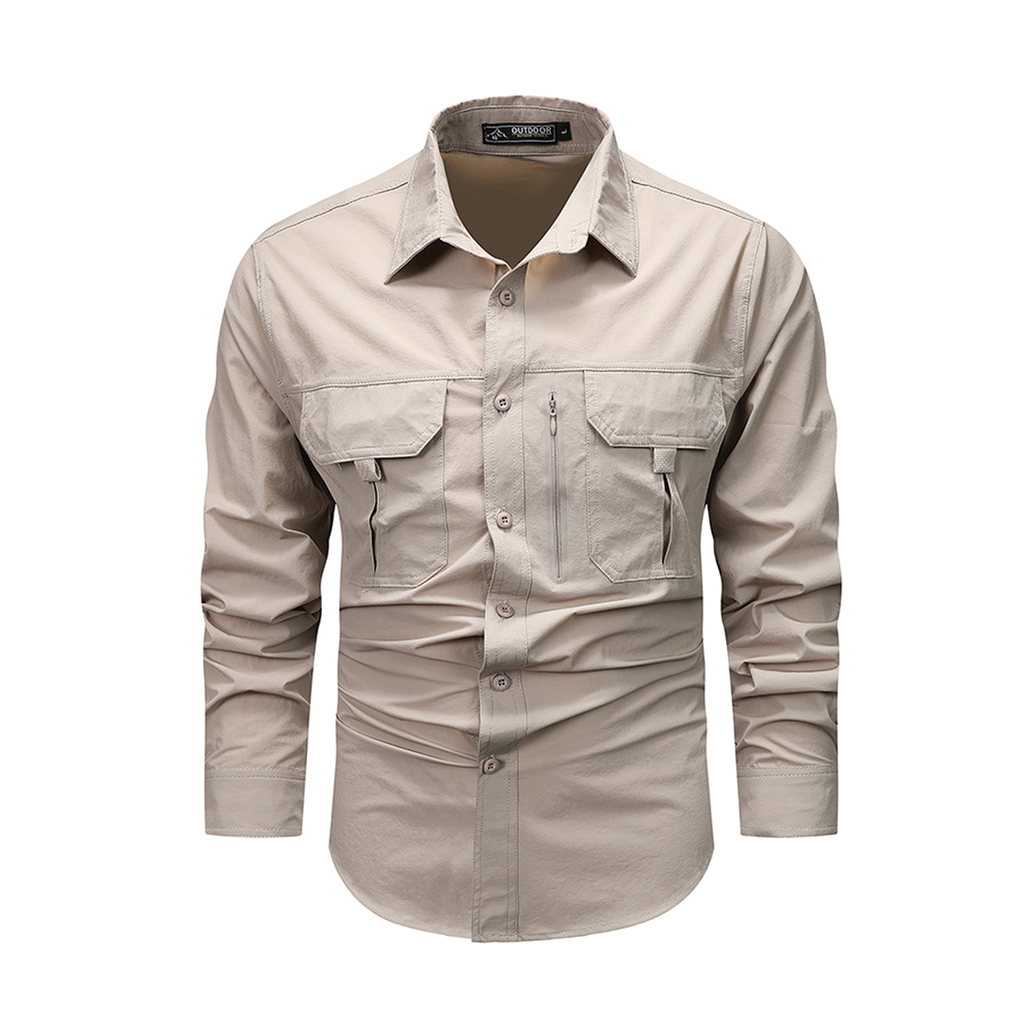 FREDD MARSHALL Men's Long Sleeve Utility Work Shirt with Zip Pocket - Beige - 01 main white